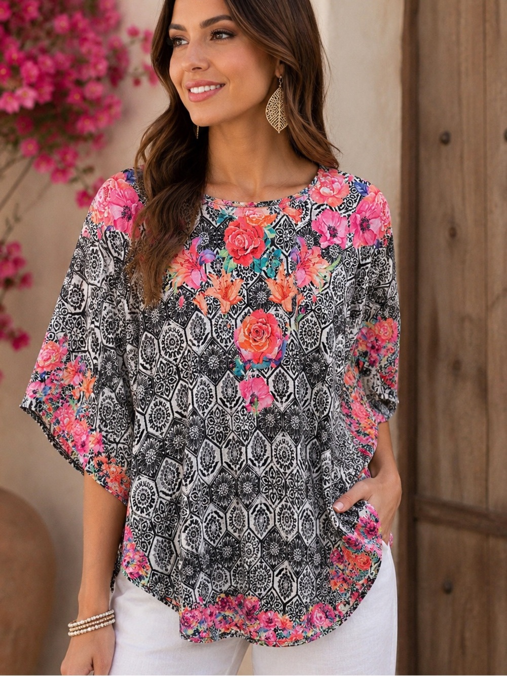 Tolani Collection Floral Geometric Blouse Medium Pink Black Boho Top